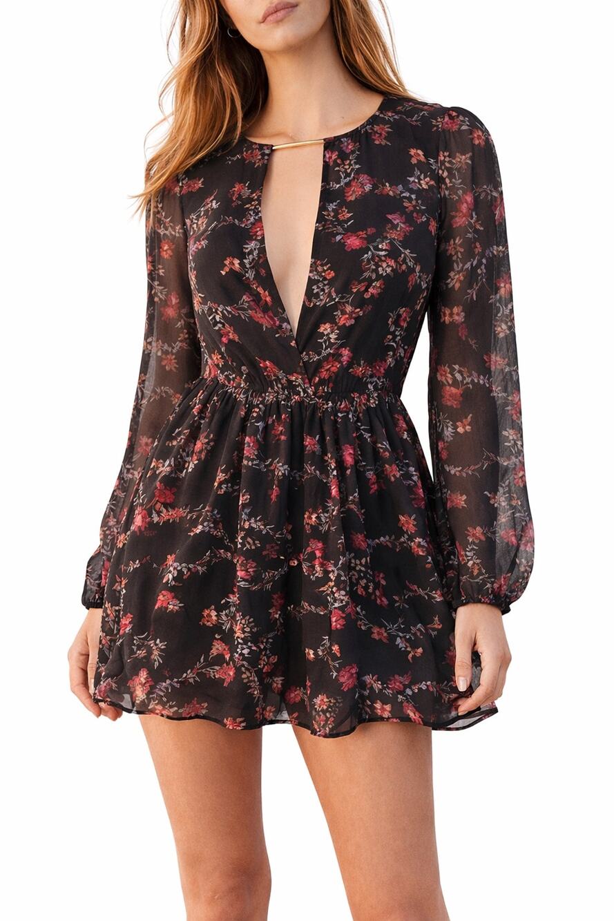 Whimsigoth Dark Romantic Ruffle Mini Dress Plunging Neckline Floral Fairy XS